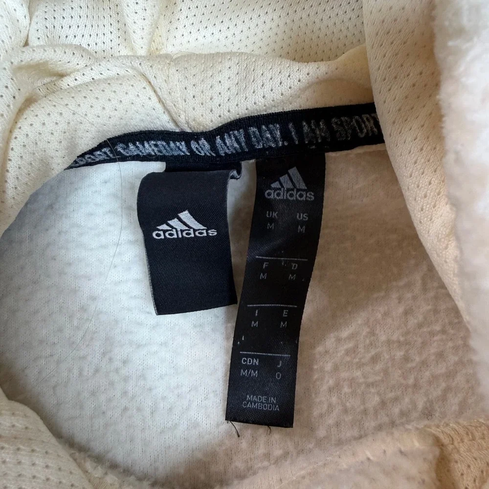 Adidas Mens Sherpa Fleece Hoodie Cream White Embroidered Logo Pullover Medium